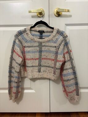 Topshop Cream Cropped Plaid Crewneck Sweater with Blue & Red Accents